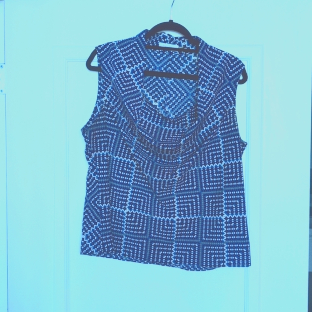 Calvin Klein blue, white black and light gray shell with draped neck.